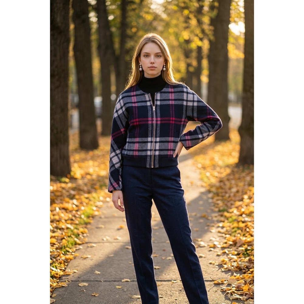 J.Crew Women Navy Pink Plaid Wool Blend Zip Up Bomber Jacket Size S RN77388
